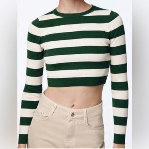 Zara women hunter green strip knit crop top